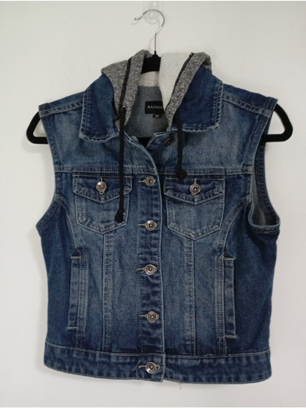 Denim Vest With Hooded Sweater Panel Medium Ranbeeri Cotton Blend Button-Up Blue